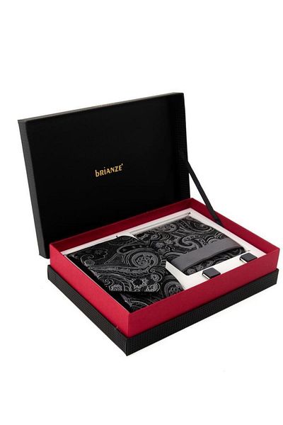 Brianze Black Gray Shawl Pattern Tie Handkerchief Cufflink Gift Set