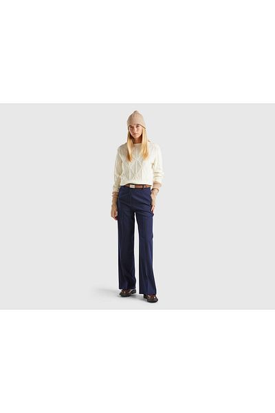 United Colors of Benetton Women's Cream Wool Blended Textured Braided Round Neck Sweater