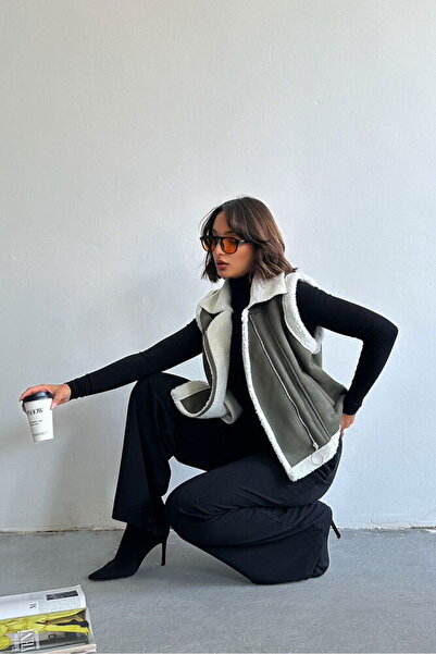 Genel Markalar Haki Krem F Suet Yakası Kürklü Toptan Yelek