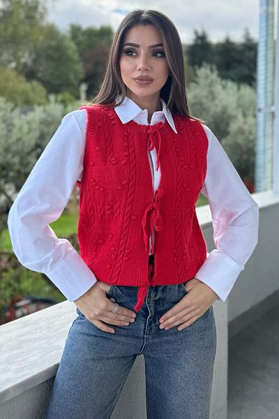 GÜLSELİ سترة نسائية محبوكة منقوشة باللون الأحمر