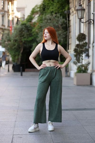 Sosyete Kaplumbağa Authentic 100% Cotton Pocket Antique Knitwear Wide Leg Lace-Up Trousers