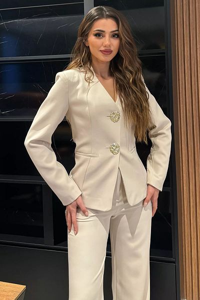 GÜLSELİ Stone Button Detailed Jacket Pants Double Set