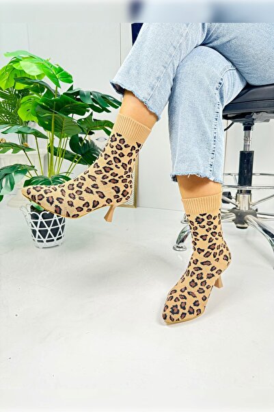 Nstil Kadın Sivri Burun Çizgili Örgü Triko Bot İnce Topuklu Ayakkabı Çorap Şeritli Bağcıksız 169