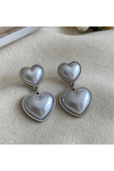 YASİN TOPÇU Steel Silver Silver Color 2 Heart Earrings
