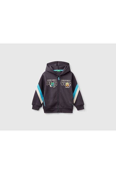 United Colors of Benetton Boy's Anthracite Printed Sleeves Stripe Detailed Zippered Hooded Sweatshirt