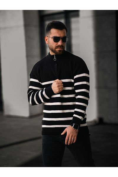 Know Men's Black and White Half Zipper Stand Collar Striped Knitwear Sweater