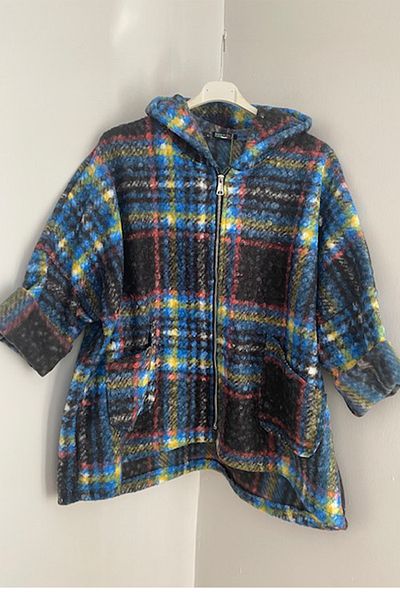 AYASOFYA OTANTIK Plaid albastru italian - Palton Boucle de damă supradimensionat cu glugă și fermoar