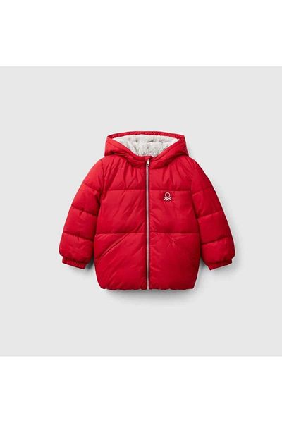 United Colors of Benetton Boy's Red Left Chest Logo Patched Front Pocket Detailed Zippered Coat
