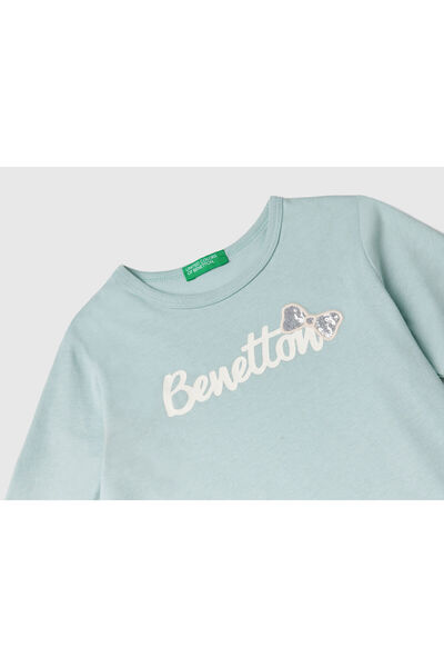 United Colors of Benetton Μακρυμάνικο μπλουζάκι για κορίτσια Aqua Green με στάμπα και κεντημένο λογότυπο