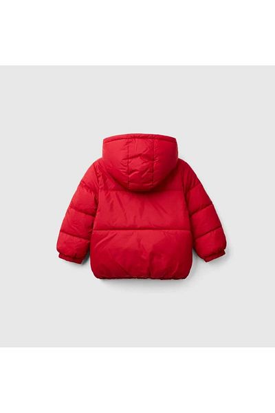 United Colors of Benetton Boy's Red Left Chest Logo Patched Front Pocket Detailed Zippered Coat