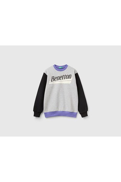 United Colors of Benetton Hanorac cu nervuri cu logo imprimat în amestec gri pentru băiat