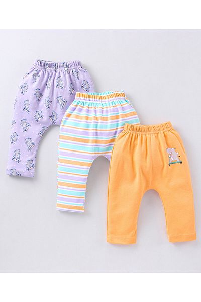 Babyhug بنطال ضيق من القطن بطول الكاحل بطبعة مخططة وطبعة فرس النهر، عبوة من 3 قطع - متعدد الألوان