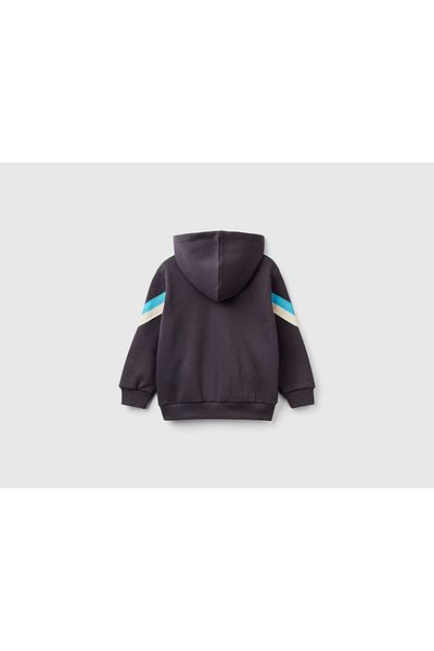 United Colors of Benetton Boy's Anthracite Printed Sleeves Stripe Detailed Zippered Hooded Sweatshirt
