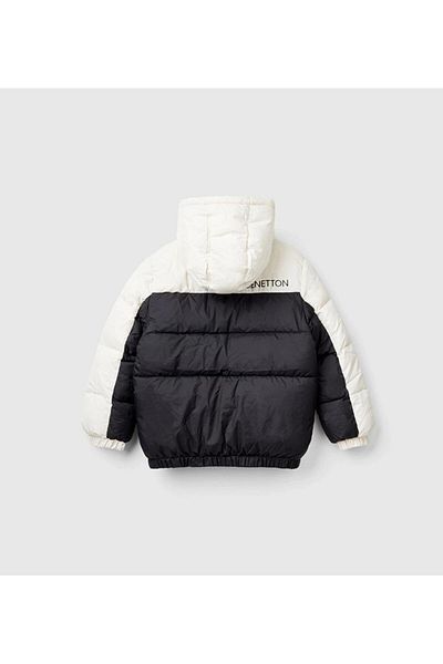 United Colors of Benetton Boy's Black Back Logo Printed Color-Blocked Zip-Up Pufa Coat