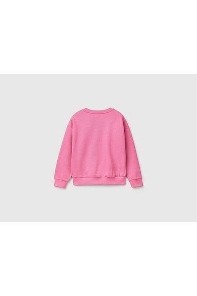 United Colors of Benetton Girl's Pink Front Heart Sequined Off-Shoulder Crew Neck Sweatshirt