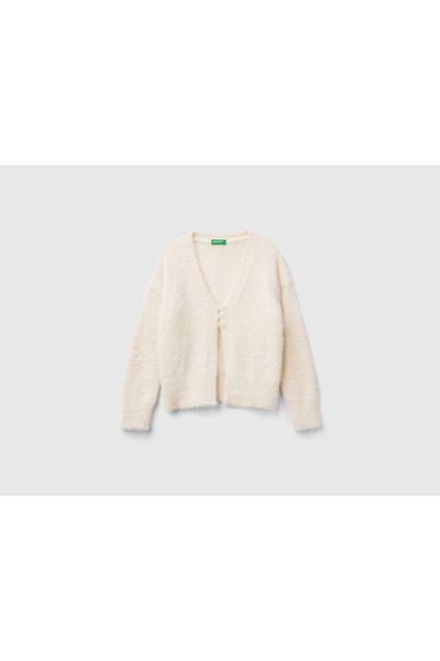 United Colors of Benetton Екрю кардиган с 3 копчета и странична цепка отпред за момиче