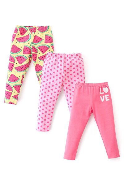 Babyhug Cotton Lycra Knit Slim Fit Leggings With Stretch Polka Dot Print Pack of 3 - Pink & Yellow