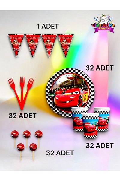 VibeHome 32 Person Cars Themed Eco Set - Birthday Party and Fun Events