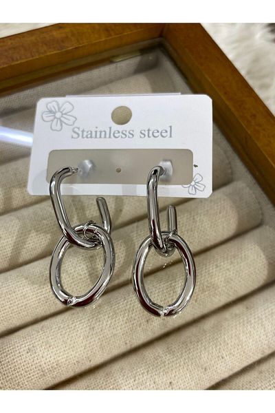 YASİN TOPÇU Steel Silver Silver Color Chain Design Earrings