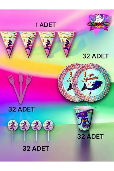 VibeHome Mermaid Themed Eco Set for 32 - Birthday Party and Fun Events