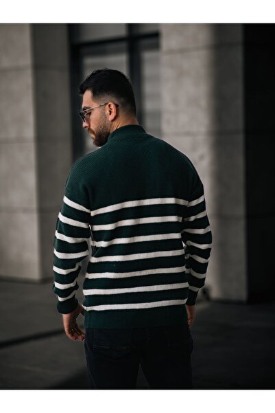 Know Ανδρική Πράσινη Λευκή Μισό Φερμουάρ Διπλό Γιακά Μπλούζα Ριγέ Μάλλινη