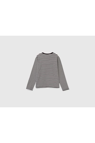 United Colors of Benetton Girl's Dark Gray Skirt Tip Logo Label Front Photo Printed Striped T-Shirt