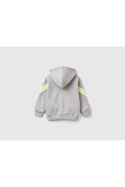 United Colors of Benetton Boy's Gray Melange Printed Sleeves Stripe Detail Zippered Hooded Sweatshirt