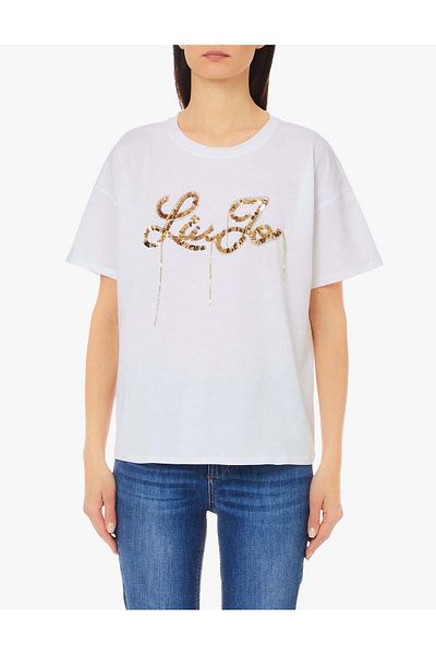 Liu Jo Tricou de damă cu gât rotund cu detaliu de piatră albă - mânecă scurtă WF4104J5904-N9885