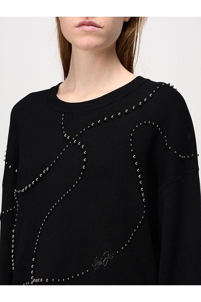 Liu Jo Pulover negru pentru femei cu decolteu rotund brodat cu margele - Maneca lunga, croiala relaxata WF4174MS49I-22222