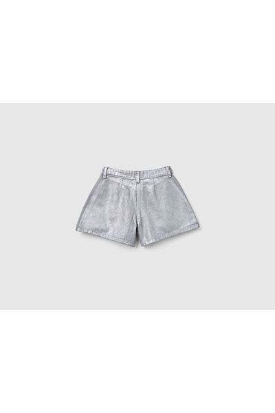 United Colors of Benetton Girl's Silver Front Logo Detailed 2 Pleated Bermuda Shorts with Used Effects