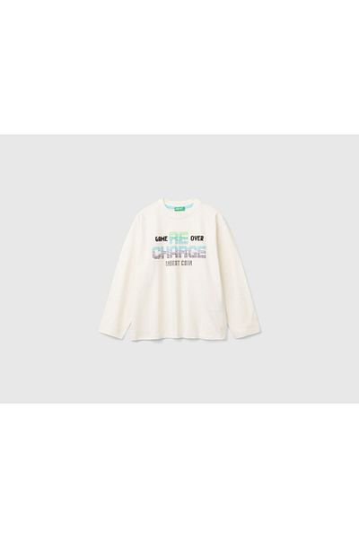 United Colors of Benetton Tricou cu mânecă lungă imprimat multicolor cu efect 3D ecru pentru băiat
