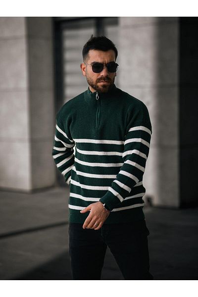 Know Pánský zelenobílý stojáček na zip s límečkem s pruhovaným úpletem