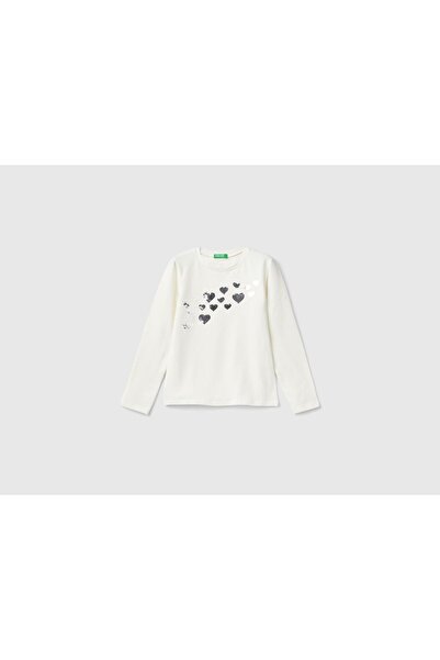 United Colors of Benetton Μακρυμάνικο μπλουζάκι εκρού για κορίτσια με γραφική...