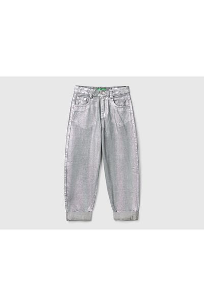 United Colors of Benetton Girl's Silver Back Logo Detailed Used Effect Crooked Leg Pants