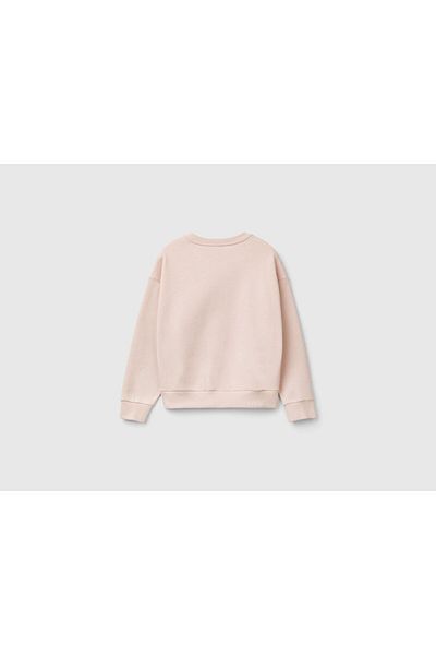 United Colors of Benetton Girl's Dusty Pink Front Heart Sequined Off-Shoulder Crew Neck Sweatshirt