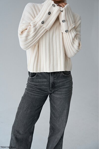 Lupies Pulover de damă crem cu gât roscat cu nasturi