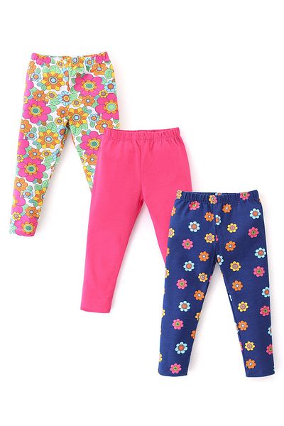 Babyhug بنطال ضيق بقصّة Slim Fit من القطن والليكرا مع طبعات زهور مطاطية، عبوة من 3 قطع - متعدد الألوان