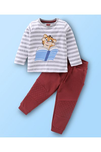 Babyhug Babyhug Single Jersey Full Sleeves Striped T-Shirt & Lounge Pants Set Cub Print - Grey & Maroon Wine