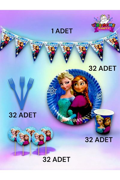VibeHome Frozen Themed Eco Set for 32 - Birthday Party and Fun Events