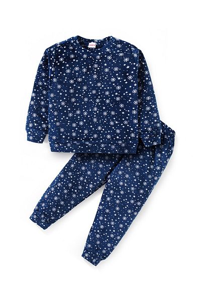 Babyhug Velour Woven Full Sleeves Winter Wear Co-Ord Set With Snow Flakes Print - Navy