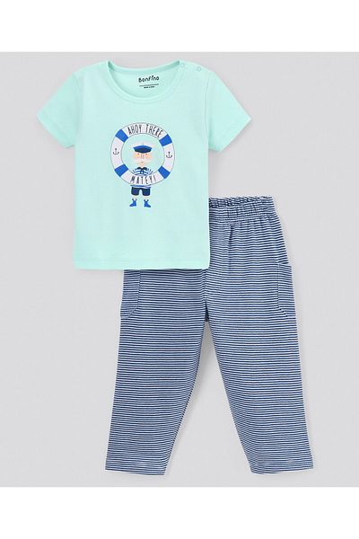 Bonfino 100% Cotton Half Sleeves T-shirt & Pants - Green & Blue