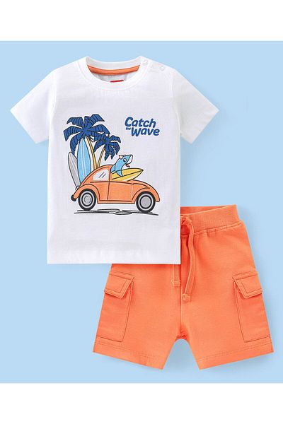 Babyhug Cotton Knit Half Sleeves T-Shirt & Shorts Set With Car Print - White & Orange