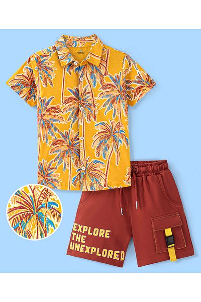 Ollington St. 100% Cotton Knit Half Sleeves Shirt & Shorts Set With Tropical Print -Yellow & Red