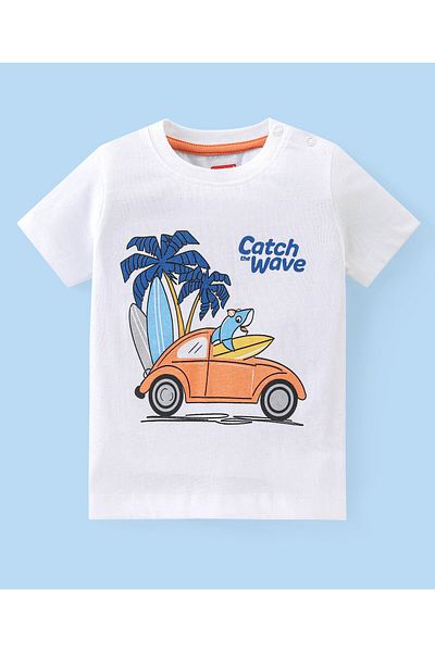 Babyhug Cotton Knit Half Sleeves T-Shirt & Shorts Set With Car Print - White & Orange
