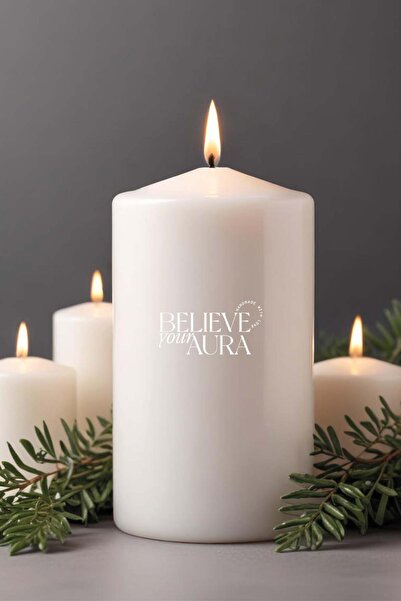 Believe Your Aura Sandal Ağacı Kokulu Beyaz Silindir Mum - %100 Doğal Soya Mu...