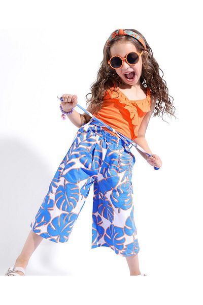 Ollington St. Ollington St. 100% Cotton Sleeveless Top with Frill & Tropical Printed Culottes Set - Orange & Blue