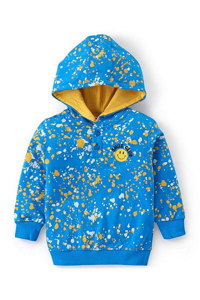 Babyhug 100% Cotton Knit Full Sleeves Hoodie & Lounge Pants/Co-ord Set Emoji Print - Blue