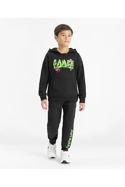 Primo Gino 100% Cotton Knit French Terry Full Sleeves Text Printed Hoodie & Jogger/Co-ord Set -Black