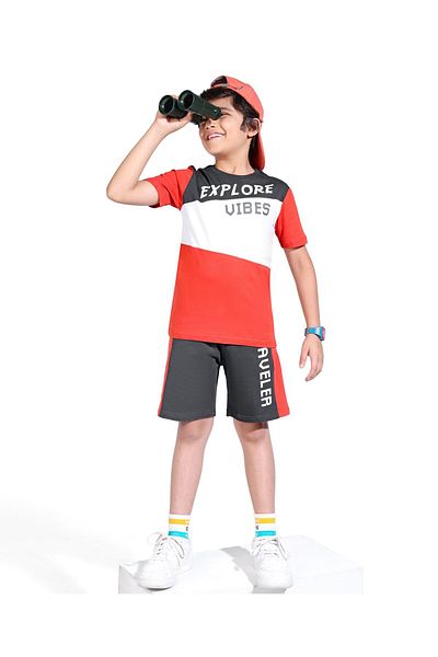 Ollington St. Ollington St. 100% Cotton Knit Half Sleeves T-Shirt & Shorts Set with Text Print-Navy Blue/Red/White