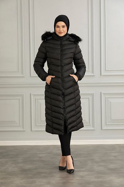 Space Fashion Palton lung negru puf pentru femei